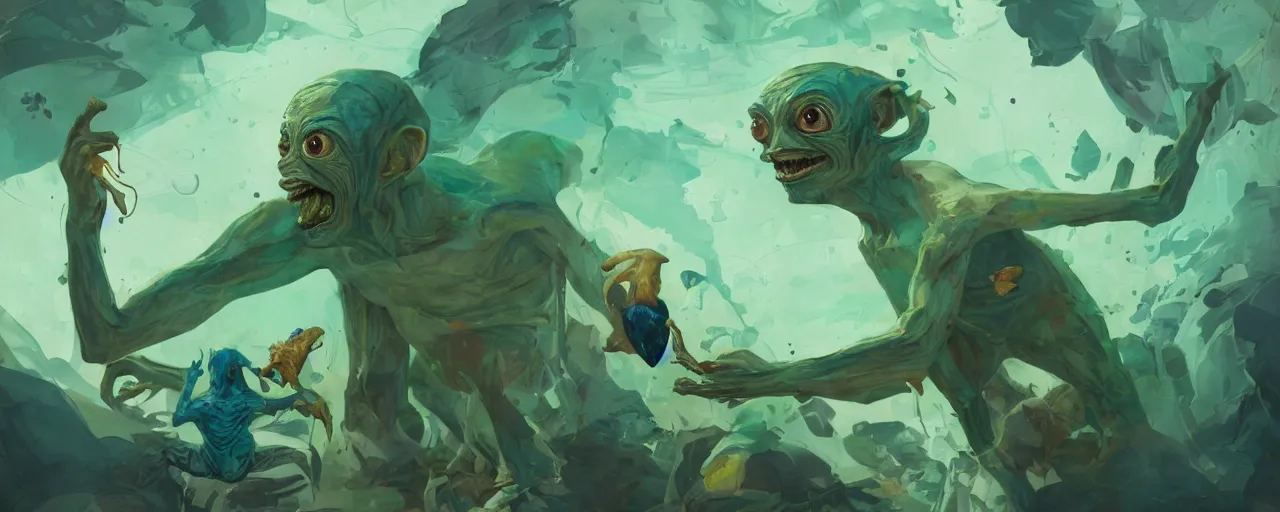 Image similar to duotone green blue illustration 3 / 4 portrait of gollum dancing and holding fish in his mouth. volumetric lighting. dynamic composition accidental renaissance golden ratio. by sachin teng and sergey kolesov and ruan jia and heng z. graffiti art, scifi, fantasy, hyper detailed. octane render. concept art. trending on artstation