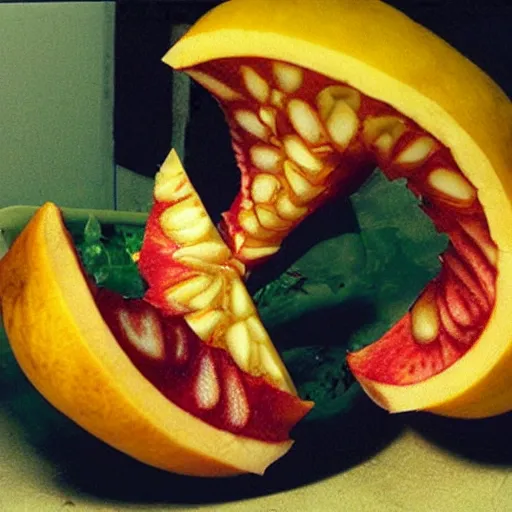 Image similar to mc escher fruit cut in half resting on table