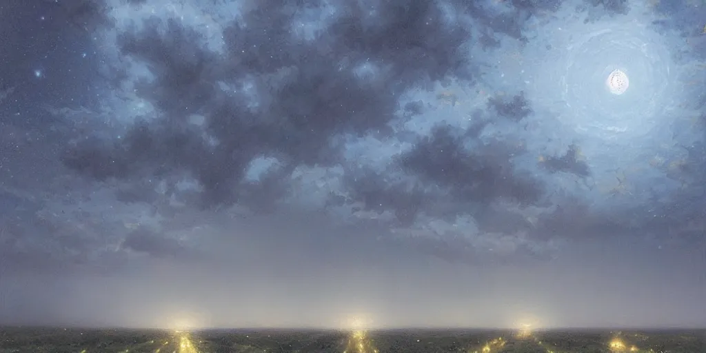 Image similar to the cloudy moonlit sky, landscape art by donato giancola and greg rutkowski, digital art, trending on artstation, symmetry!!, volumetric lighting, starry sky