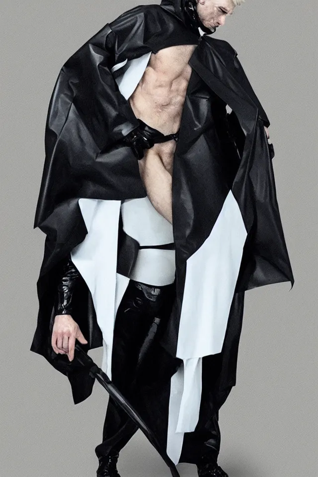 Prompt: a pale white man in a black latex acronym cape, in the style of mike dringenberg and ashley wood