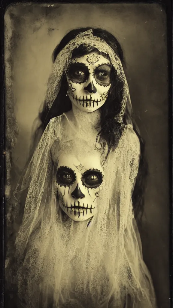 Image similar to tintype full body view, young woman in veiled dia de muertos dress and make up, horrific beautiful vibe, evocative, atmospheric lighting, painted, intricate, highly detailed,