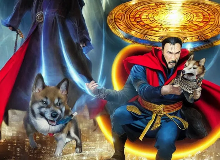 Image similar to dr. strange casting a shield spell in the metaverse with a shiba inu samurai at his feet, hyper realistic, highly detailed, perfect face, smooth, focus