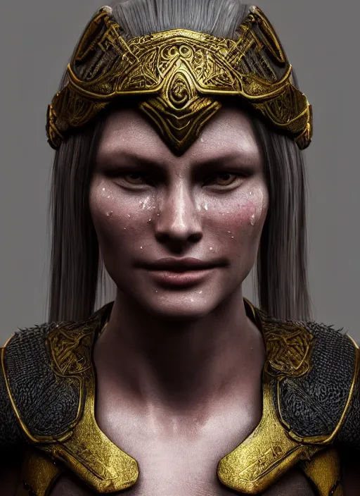 Prompt: frontal portrait of beautiful female, hyper realistic, sweat on face, glorious ancient viking assassin designed by makoto kobayashi and luca zampriolo, portrait, sexy style, wood and gold details, intricate, extremely detailed, ornate, deep of field, hard surface, exoskeleton, substance designer metal unreal engine. amazing likeness. very detailed.