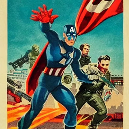 Prompt: the avengers 2012 in a 1950's URSS Communist poster of propaganda