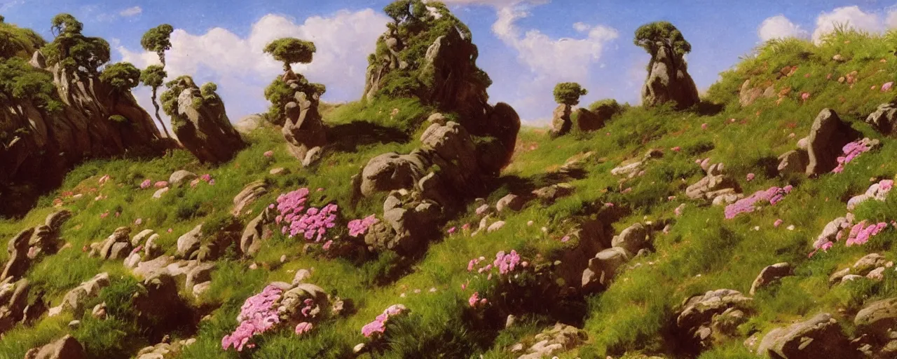 Prompt: disney illustrated background of a flowery rocky grassy field by eugene von guerard, ivan shishkin, john singer sargent