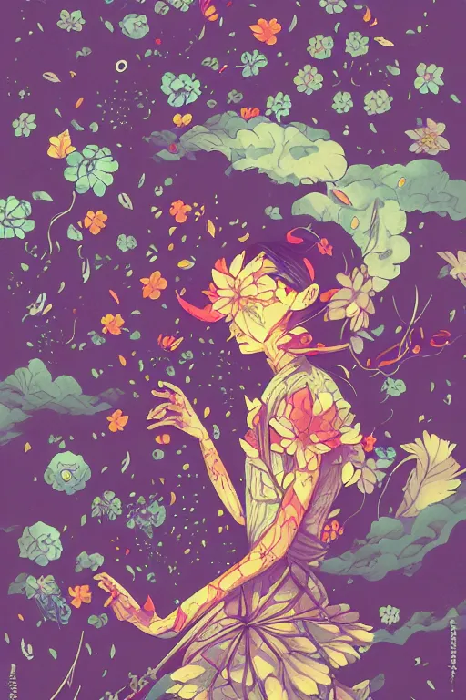 Image similar to night sky full of flowers, cyberpunk art, floating detailes, leaves by miyazaki, colorful palette illustration, kenneth blom, mental alchemy, james jean, pablo amaringo, naudline pierre, contemporary art, hyper detailed