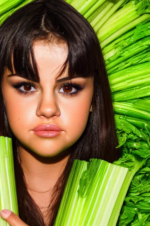 Image similar to close up headshot of selena gomez made out of celery, a human face with celery for hair, a bunch of celery sitting on a cutting board, professional food photography, selena gomez wearing green face paint