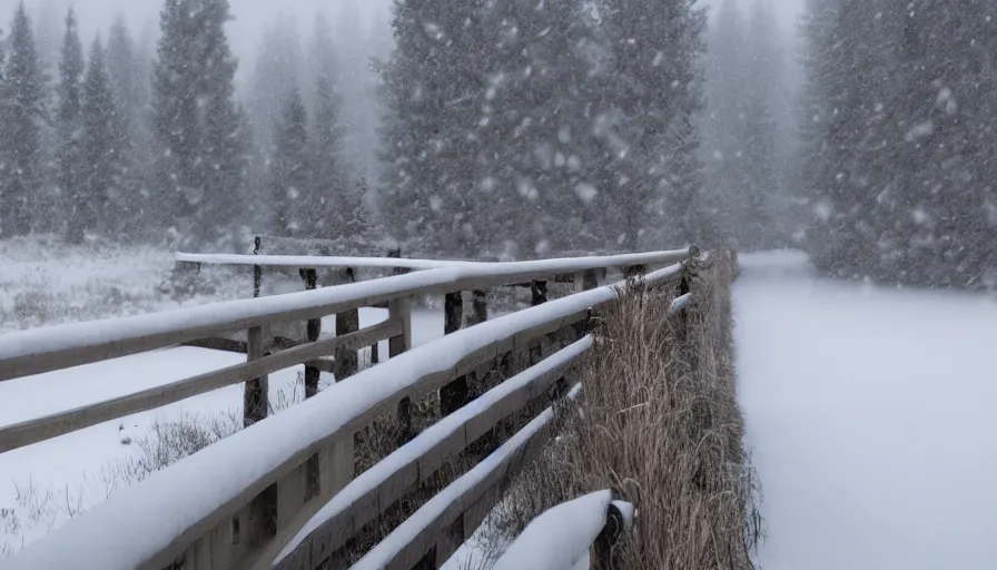 Image similar to wooden guardrails covered by snow in beautiful winter landscape. fog, snowstorm, photorealistic rendering, octane