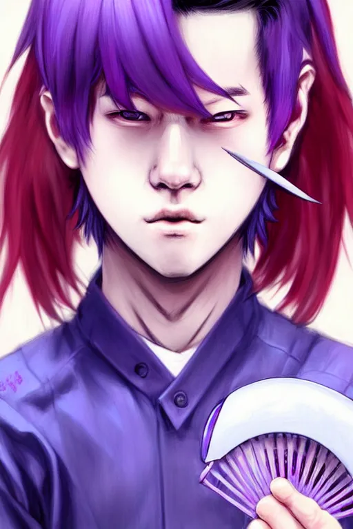 Image similar to gorgeous!!! hyper - realistic teenager boy with purple hair, purple eyes with red eye markets, wearing combat japanese clothes, holding a fan | drawn by wlop, drawn by jeehyung lee, drawn by artgerm | intricate, highly detailed, digital painting, character design, concept art, illustration, artstation