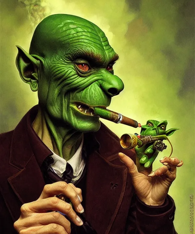 Image similar to a green-skinned goblin smoking a pipe, portrait, intricate, elegant, highly detailed, smooth, sharp focus, art by artgerm and greg rutkowski and alphonse mucha