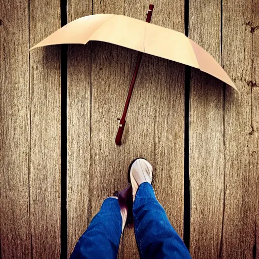 Image similar to a wooden!!!!! umbrella leaning against your knee!!!!!!!!, raining, photo