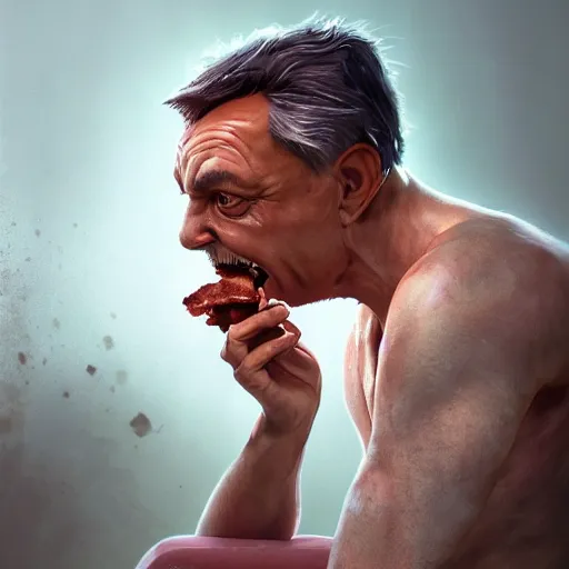 Image similar to viktor orban with detailed eyes, sitting on the toilet and eating bacon by greg rutkowski, highly detailed, octane render, 4 k, 8 k, hdr, cgsociety, amazing lightning, masterpiece