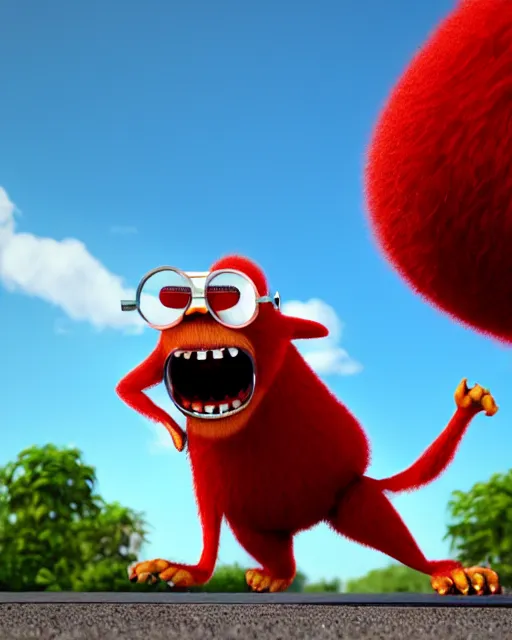 Image similar to 3 d render of completely red hairy friendly antropomorphic simple creature wearing chrome shades, without nose, full body, in the style of pixar, white background, unreal engine 5, octane render, highly detailed hdr