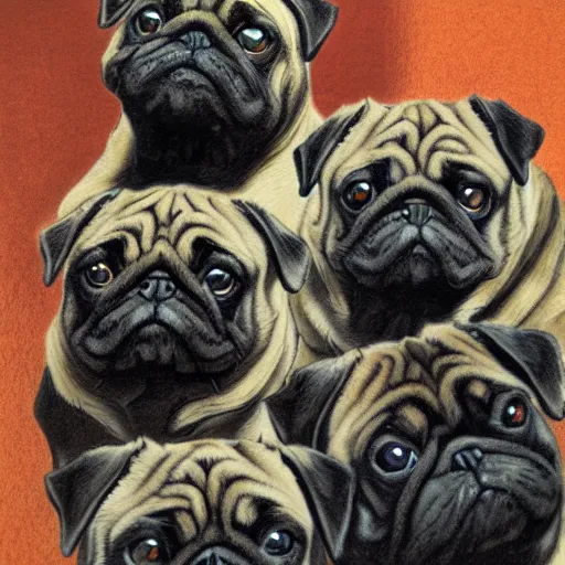 Prompt: self portrait showing family of pugs by yoji shinkawa, extra details, colored, 4 k, dynamic lighting