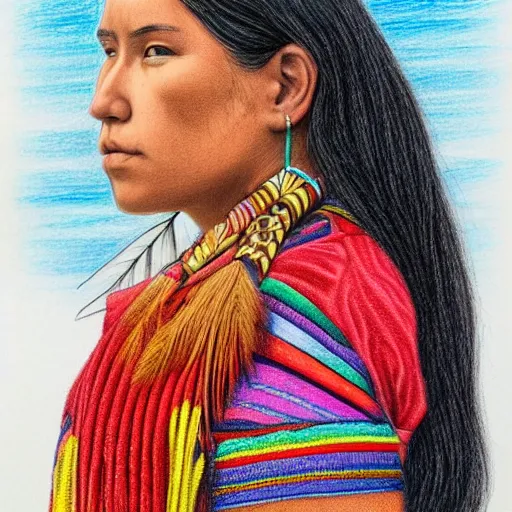 Image similar to ultra detailed colored pencil drawing of a stunningly beautiful first nation girl, style bellerose and desjarlais,