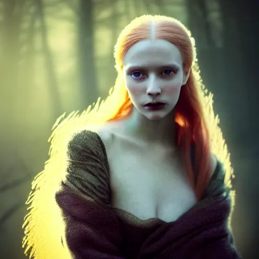 Image similar to photographic portrait of a stunningly beautiful english renaissance female in soft dreamy light at sunset, frozen forest, soft focus, gothic, contemporary fashion shoot, in a denis villeneuve and tim burton movie, by edward robert hughes, annie leibovitz and steve mccurry, david lazar, jimmy nelsson, extremely detailed, breathtaking, hyperrealistic, perfect face, octane render