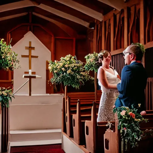 Image similar to a rhinoceros wearing a tiny suit in a wedding chapel, photo realistic, detailed, cinematic lighting, kodachrome