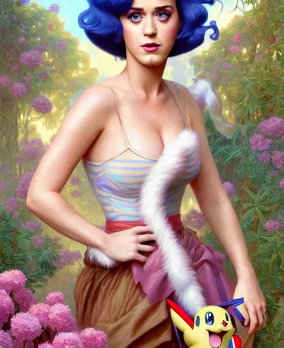 Image similar to katy perry as a character in pokemon, mottled coloring, adorable, childlike, pastoral environment, ultra realistic, concept art, art nouveau, photorealistic, octane render, 8 k, unreal engine. art by christopher marley and artgerm and greg rutkowski and alphonse mucha