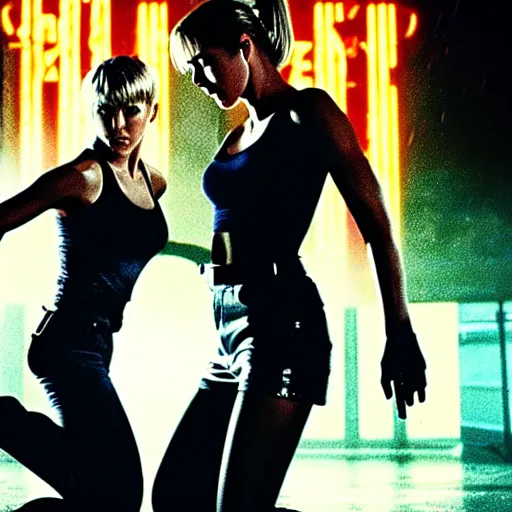 Image similar to julianne hough and jennifer connely fighting by ridley scott, secret agents, wearing black shorts, wearing black boots, wearing a cropped tops, blade runner, highly detailed, action movie poster, intense, cyberpunk, hq