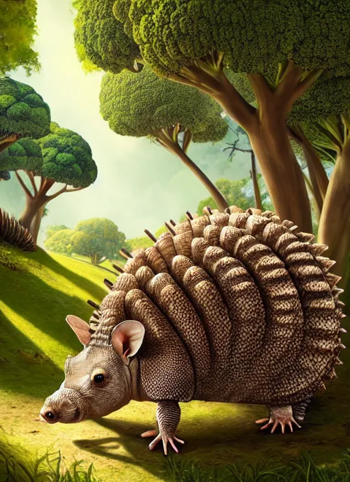 Prompt: portrait of an armadillo playing piano on a beautiful island with broccoli trees, highly detailed, fantasy style, artstation, 8 k