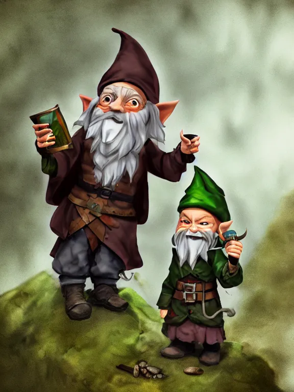 Prompt: tiny evil alchemist gnome, brown tuffle coat, evil smile, flasks in hands, dnd, deforested forest background, grimdark, matte painting, midjourney style