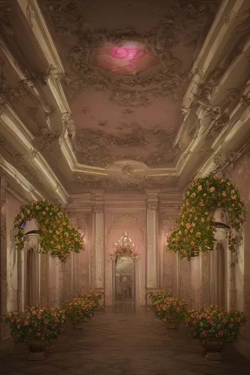 Prompt: Baroque style building full of roses, soft pastel neon lighting, highly detailed, photo realistic, volumetric lighting, cinematic