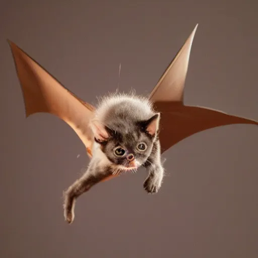 Image similar to a bat kitten, in flight, Nikon, telephhoto