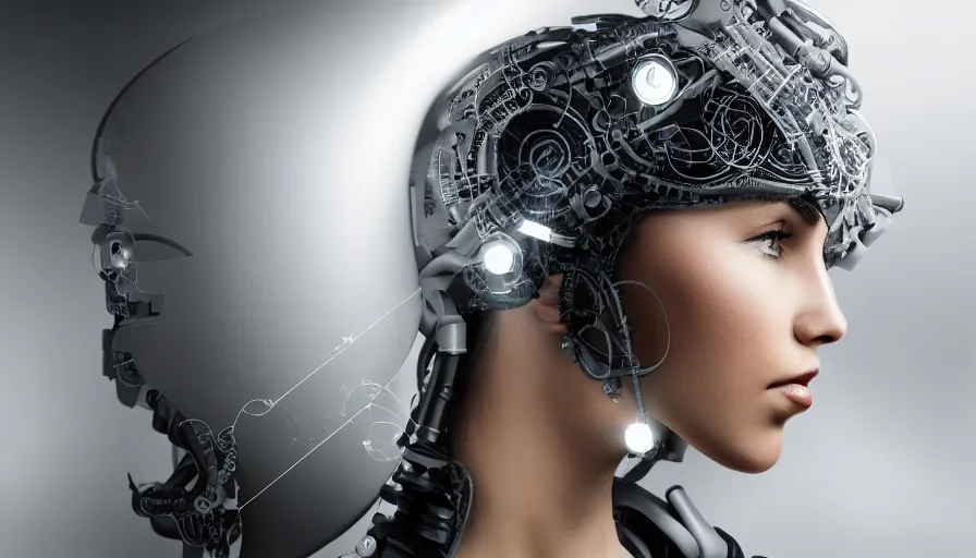 Image similar to A digital portrait of a beautiful girl wearing cyborg headgear, centered face, intricate complexity, rule of thirds