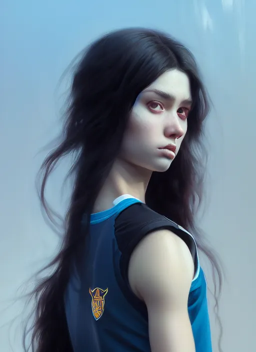 Image similar to ultradetailed beautiful painting of a stylish young lady wearing a sport top, dramatic, she has black long hair, distressed, volumetric light, full body portrait by greg rutkowski, ilya kuvshinov, james jean, makoto shinkai, on artstation