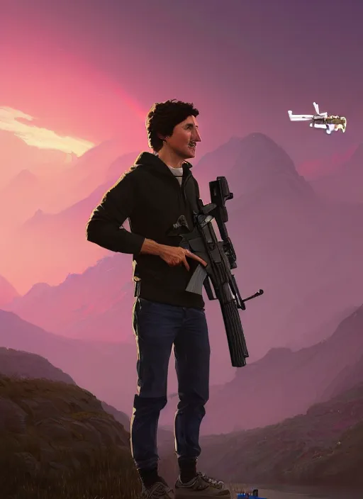 Image similar to highly detailed portrait justin trudeau in ( ( pink hoody rainbow socks ) ) holding ar - 1 5! in gta v stephen bliss unreal engine fantasy art by greg rutkowski loish rhads ferdinand knab makoto shinkai lois van baarle ilya kuvshinov rossdraws tom bagshaw global illumination radiant light detailed intricate environment