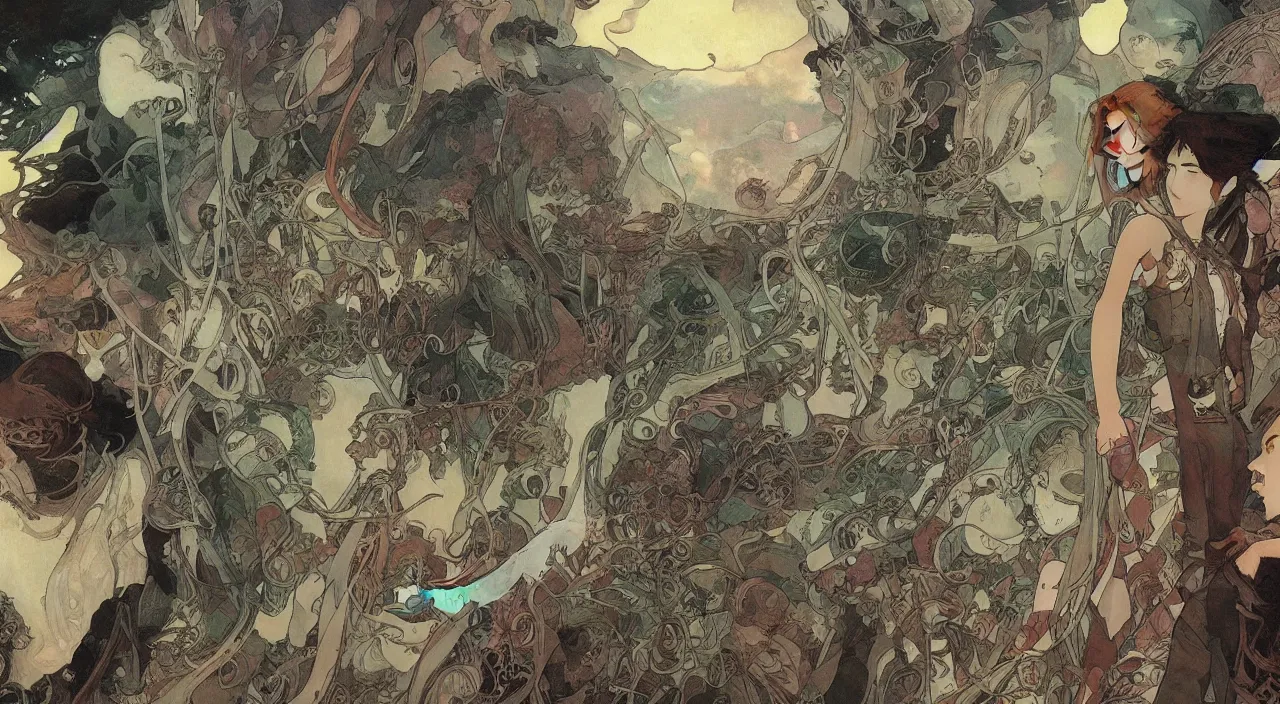 Prompt: A beautiful landscape painting of dystopian future by Alfons Maria Mucha and Yoshitaka Amano and junji ito