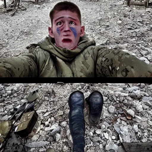 Image similar to the last selfies taken in ukraine after the nuclear war, the terrible terrible mutilations