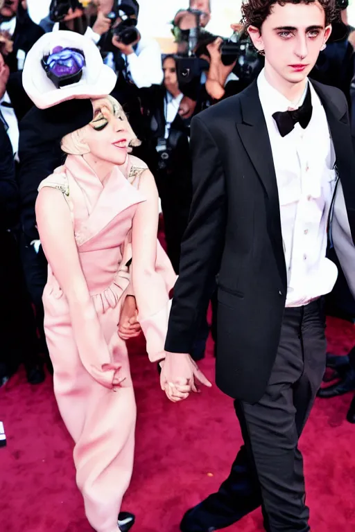 Prompt: timothee chalamet and lady gaga holding hands on the red carpet, beautiful detailed faces, canon eos, featured, flash lighting