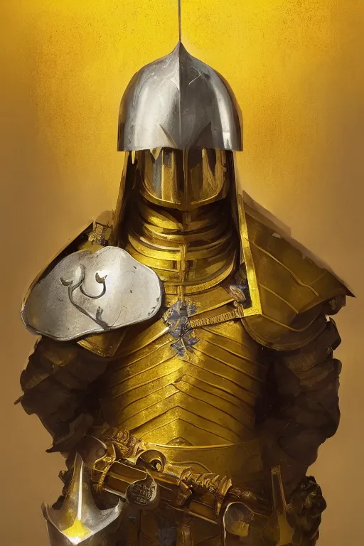 Prompt: A fancy portrait of a yellow medieval Holy Knight by Greg Rutkowski, Sung Choi, Mitchell Mohrhauser, Maciej Kuciara, Johnson Ting, Maxim Verehin, 8k photorealistic, volumetric lighting, HD, high details, dramatic, trending on artstation