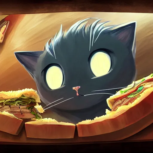 Image similar to a scared cat running away from the giant carnivorous sandwich, artstation hq, dark phantasy, stylized, symmetry, modeled lighting, detailed, expressive, true unsimulated emotions, created by hayao miyazaki