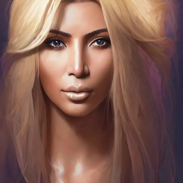 Image similar to Portrait of a mystical kim kardashian. Bright blue eyes, blonde hair, porcelain skin, full lips, oily chest, Fantasy art by artgerm and greg rutkowski and alphonse mucha, intricate, elegant, highly detailed, dramatic lighting, digital painting, concept art, illustration, award winning on artstation, D&D, AD&D.