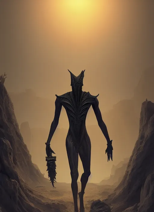 Image similar to nyarlothotep the black pharoh. tall, striking figure. standing in a desert of skulls. digital matte painting. rim light, beautiful lighting, 8 k, stunning scene, raytracing, octane, trending on artstation, lush colors.