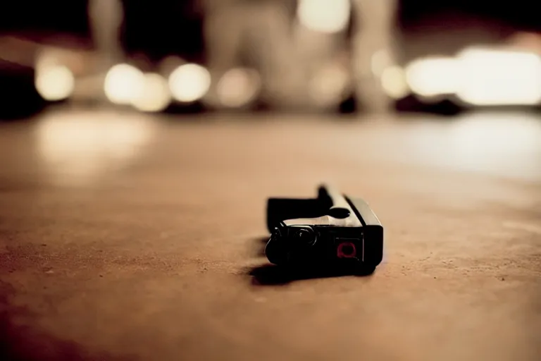 Image similar to film still of closeup pistol taped under table, cinematic, moody, gritty neon noir by emmanuel lubezki