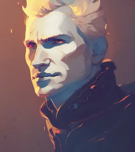 Image similar to portrait of cullen from dragon age with raven wings by atey ghailan, by greg rutkowski, by greg tocchini, by james gilleard, by joe fenton, by kaethe butcher, dynamic lighting, gradient light blue, brown, blonde cream and white color scheme, grunge aesthetic