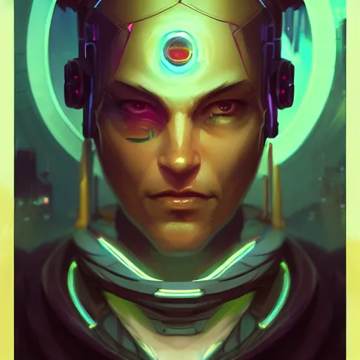 Prompt: a portrait of a handsome cybernetic fortune teller, cyberpunk concept art by pete mohrbacher and wlop and artgerm and josan gonzales, digital art, highly detailed, intricate, sci-fi, sharp focus, Trending on Artstation HQ, deviantart, unreal engine 5, 4K UHD image