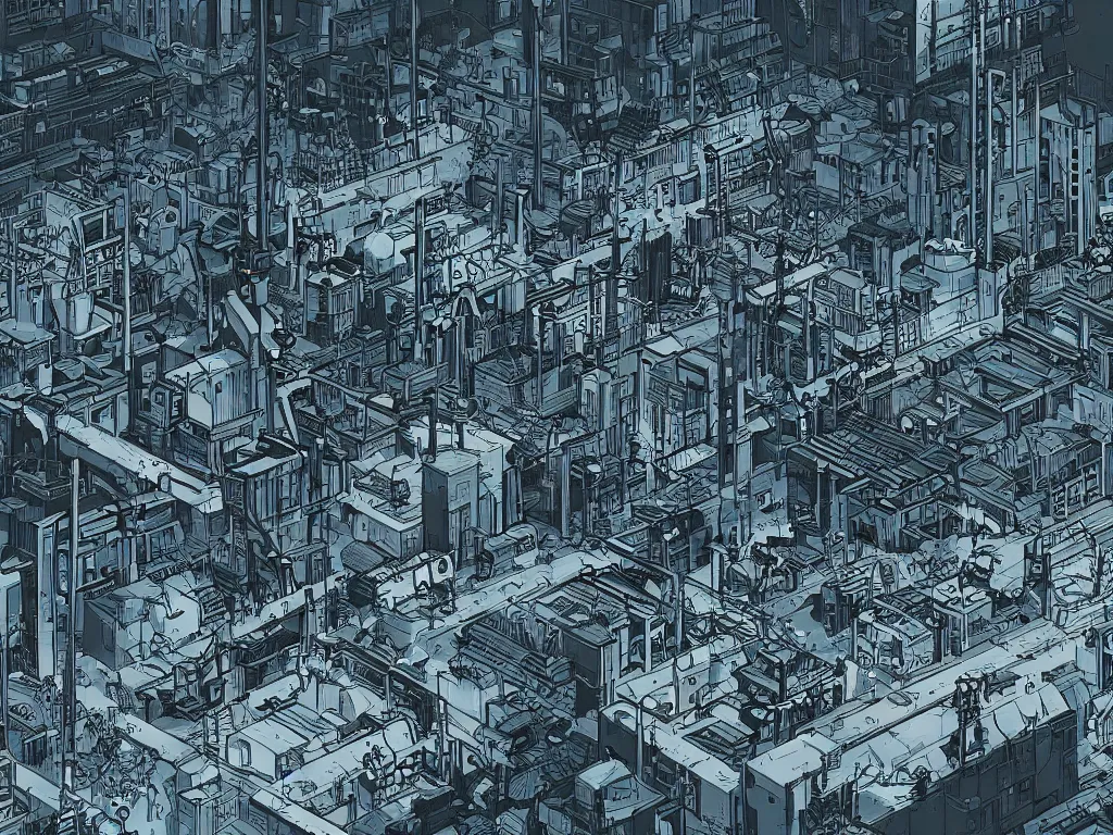 Prompt: industrial neighborhood in a cyberpunk city, in the style of james jean and laurie greasley, dynamic composition, dramatic lighting, hyper - realistic, ultra detailed