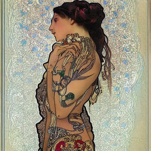 Prompt: embroidery tattoos painted by alphonse mucha