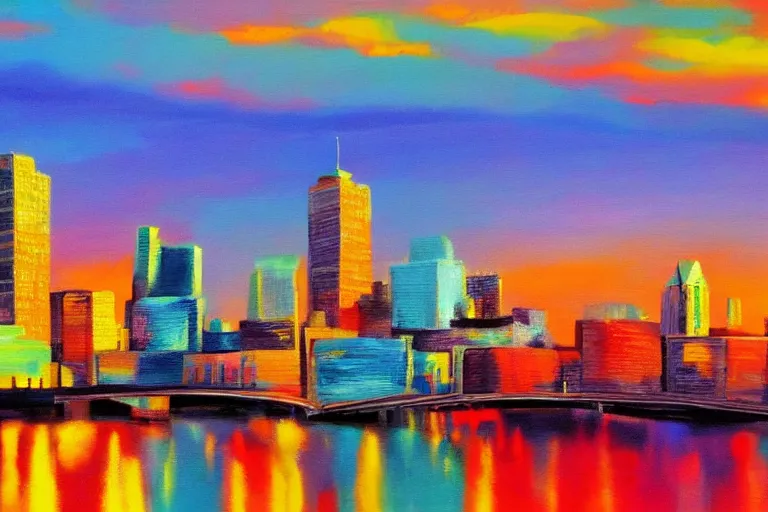 Image similar to winnipeg skyline, sunset, vivid colors, painting by ay jackson, 4 k