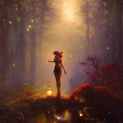 Prompt: attractive, fairy, woman, in the night, fantasy, crescent moon in background, luminous, toadstools, fireflies, fantasy, mist, highly detailed painting by gaston bussiere, craig mullins, j. c. leyendecker, mid shot, 8 k realistic, sharp focus