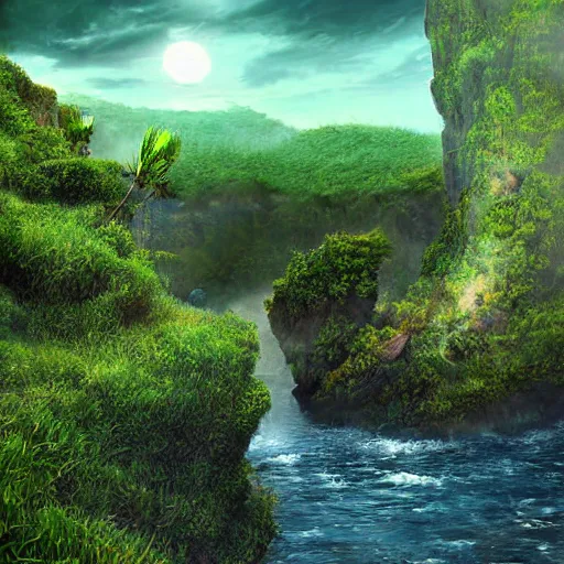 Image similar to digital art of a lush natural scene on an alien planet by dangiuz. extremely detailed render. beautiful landscape. weird vegetation. cliffs and water.