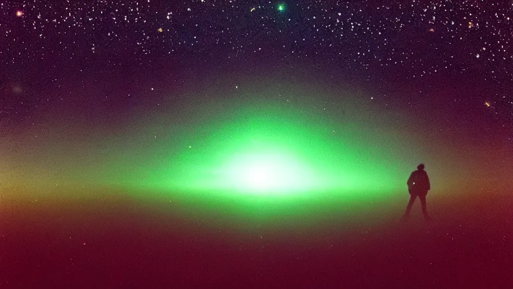 Image similar to night time cosmic polaroid of a nocturnal brocken spectre in the sky, sky filled with stars, above the mystical green hill, occult, immanence, awe sublime, with some silhouettes of hikers in the distance