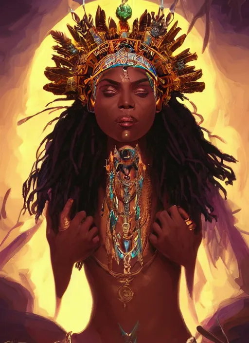 Prompt: beautiful black woman casting magical spells with powerful crystals, voodoo tribal mask headdress and kemetic imagery, digital painting artstation, concept art, matte, sharp focus, illustration, dramatic exploding nebulae, hearthstone, art by artgerm and greg rutkowski and alphonse mucha