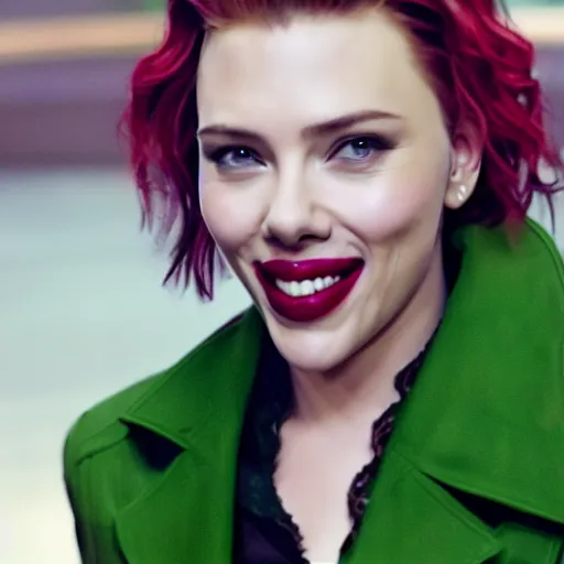 Image similar to beautiful awe inspiring Scarlett Johansen as The Joker smiling maniacally 8k hdr