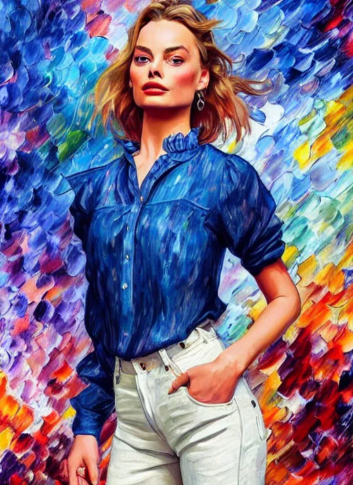 Prompt: margot robbie, frilly blouse, jeans, half body shot, path traced, highly detailed, high quality, digital painting, alena aenami, leonid afremov, lilia alvarado, shinji aramaki, karol bak, alphonse mucha, tom bagshaw