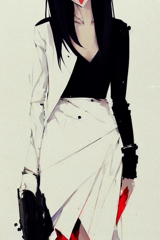 Image similar to a ultradetailed painting of a stylish woman wearing a white jacket with black skirt, by conrad roset, greg rutkowski and makoto shinkai trending on artstation